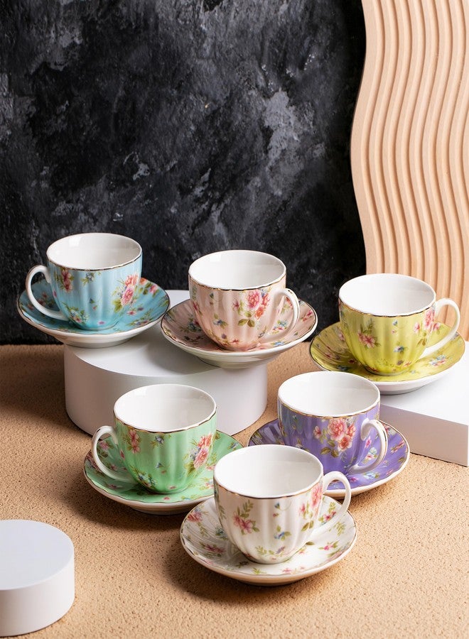 Brew To A Tea BTaT- Floral Tea Cups and Saucers Set of 6 (7 oz), Porcelain Tea Cups Set of 6, Pastel Bloom Design with Gold Trim, Dishwasher & Freezer Safe - Image 5